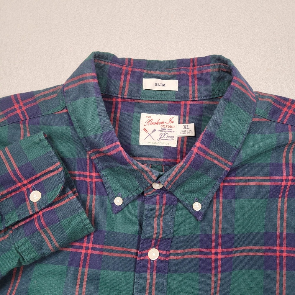 J Crew Broken-In Oxford Slim Fit Plaid Shirt XL Green Blue Red BG421
